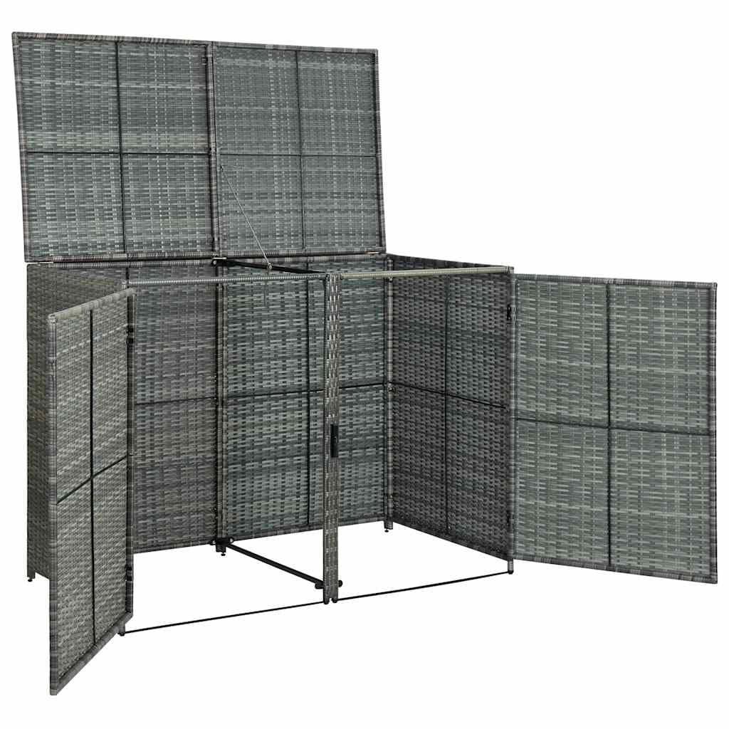 vidaXL Double Wheelie Bin Shed with Lid, Weather-Resistant, Poly Rattan 30.3"x58.3"x43.7" Gray