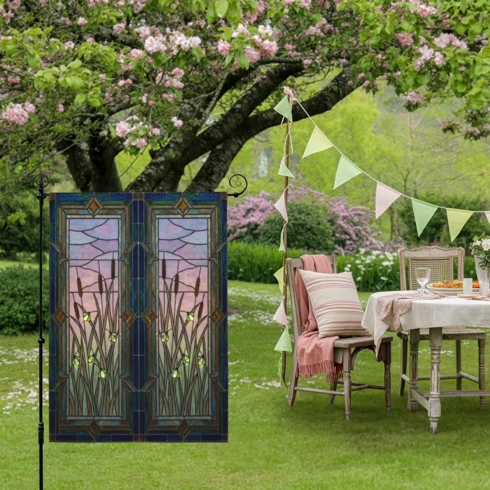Plants Firefly House Flag 28 x 40 Inches, Retro Stained Glass Window Botanical Firefly Weather Proof Outdoor Patio Flags Double Sided Small House Decoration for Yard Lawn Outside Home