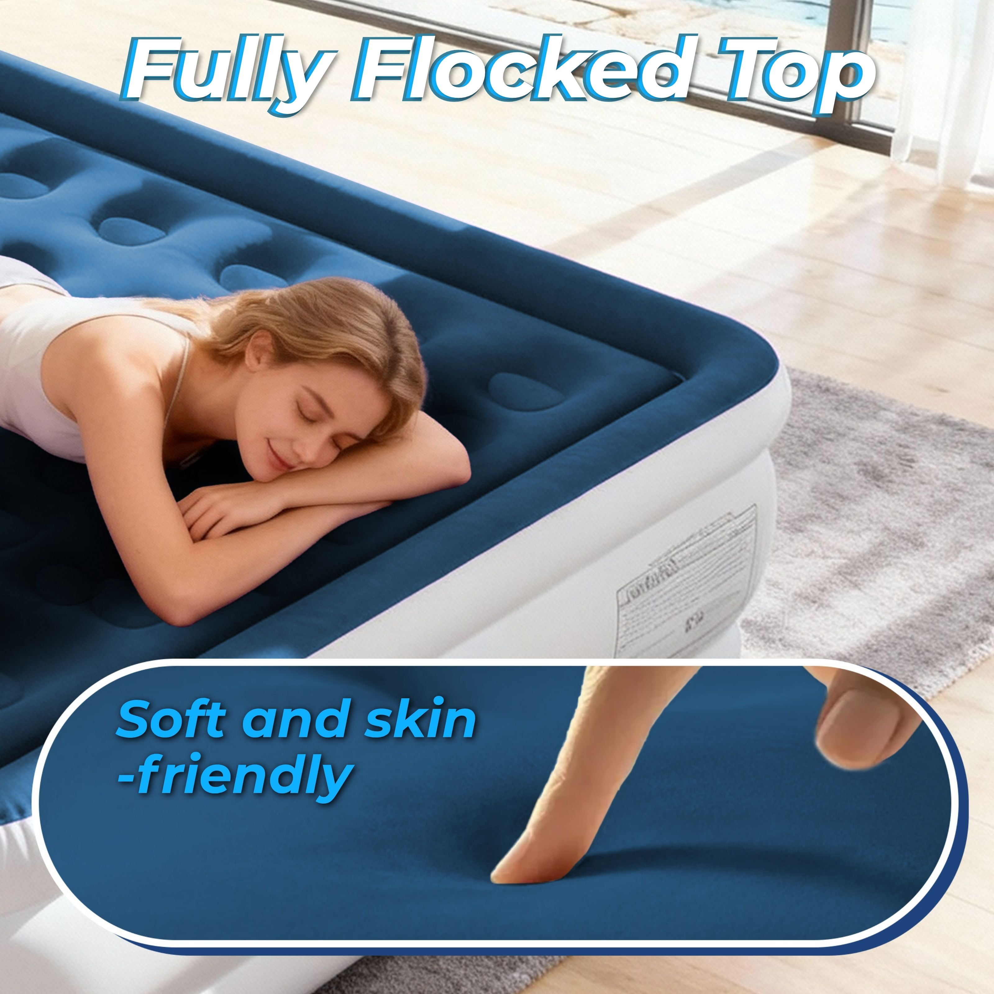 LussoAmor 18" Full Air Mattress with Built-in Pump, 3-Mins Self-Inflation, Blow Up Bed for Camping, Home & Guest, 600lb, Blue