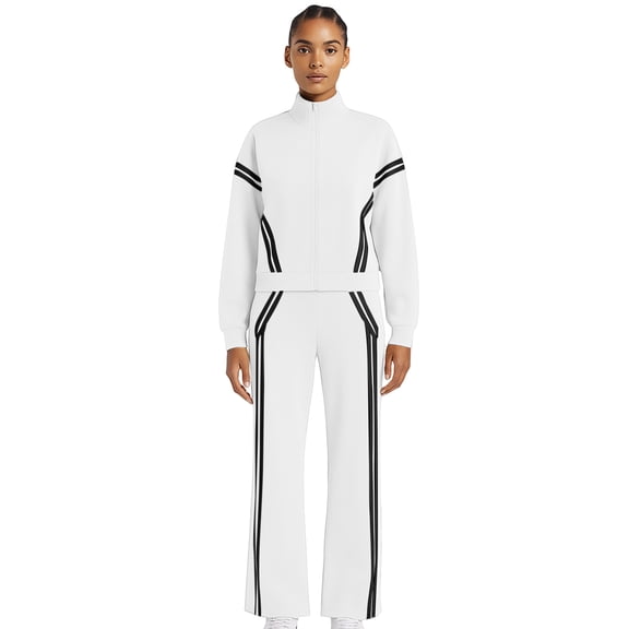 Lounge Sets for Women Sweatsuits 2 Piece Outfits Zip Up Sweatshirt Striped Wide Leg Sweatpants Tracksuit Matching Set White XL