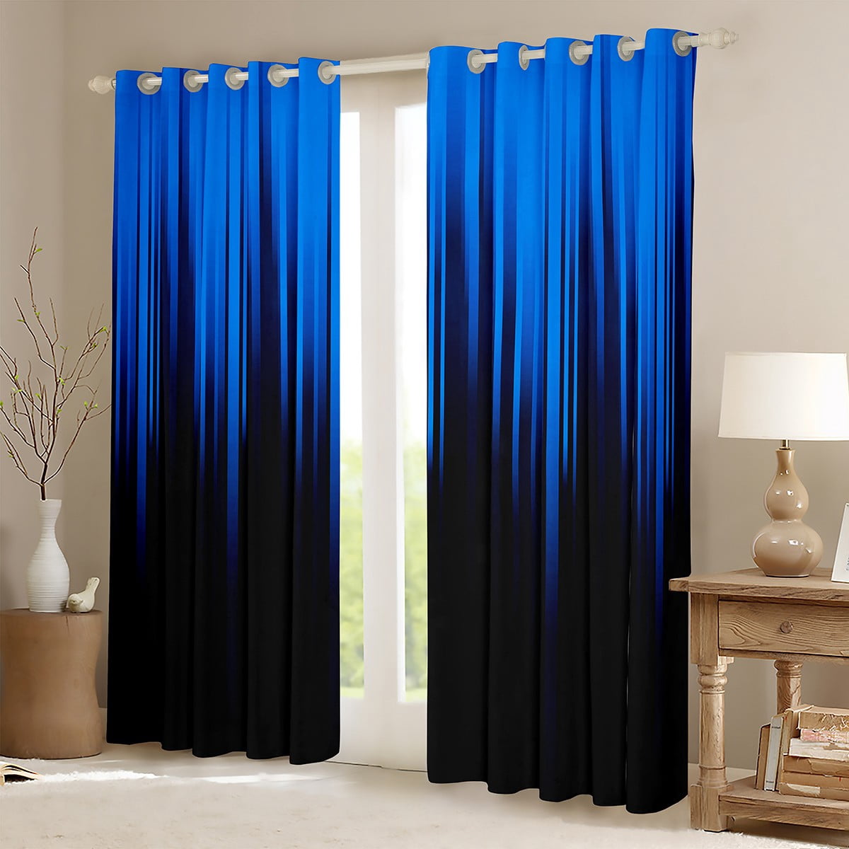 Gradient Blackout Curtains Black Blue Ombre Abstract Curtains & Drapes,Retro Geometric Stripes Window Curtains,Boho Exotic Geometry Striped Curtains 38"Wx45"L