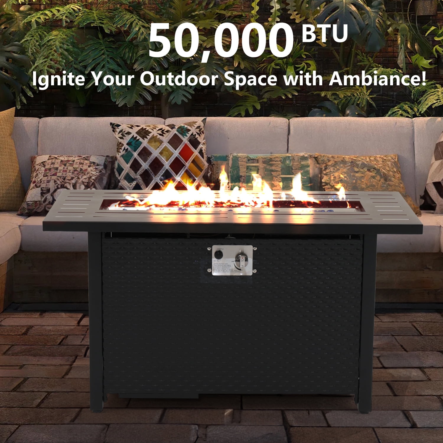 Propane Fire Pit, 45 Inch Gas Fire Pit Table with Lid, Glass Wind Guard, Waterproof Cover, Rectangle Gas Firepit Table, 50000 BTU for Garden, Patio, Deck, Yard