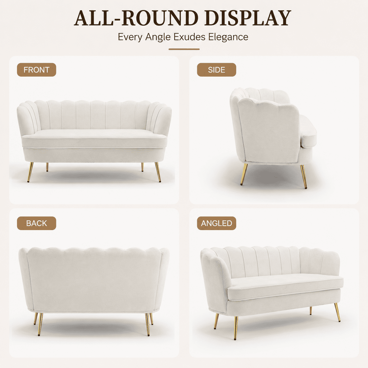 MOONMISS Scallop Tufted Loveseat,Premium Chenille Fabric 2-Seater Sofa with Gold Metal Legs,Curved Back for Living Room/Bedroom,Beige