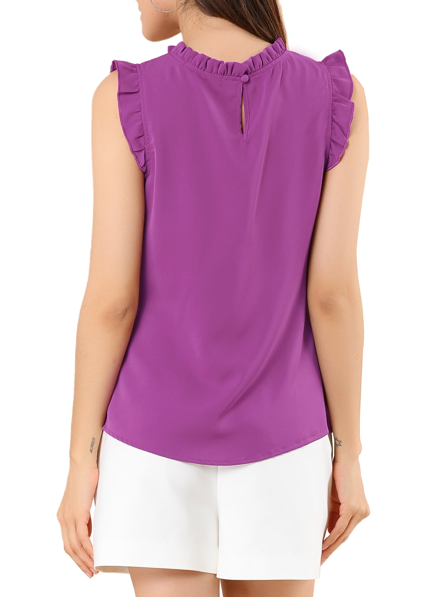 DARING DIVA Women's Ruffled Trim Pleated Plain Blouse Top XS Fushcia