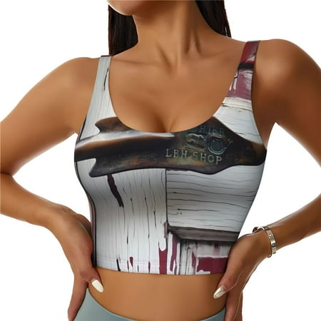 Adobk Rustic Door Handle Closeup Print Sports Bras for Women Longline Workout Crop Tank Tops Padded with Built in Shelf Padded Sports Bra-XX-Large