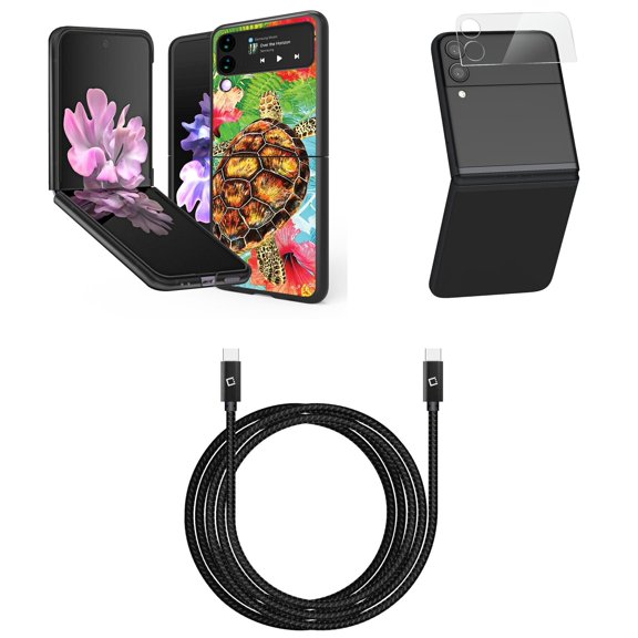 Bemz Premium Bundle for Samsung Galaxy Z Flip 3 5G: Slim Snap-On Protector Case (Turtle Flowers), Rear Camera Glass Protector, Nylon Braided USB-C to USB-C Cable (4 Feet)