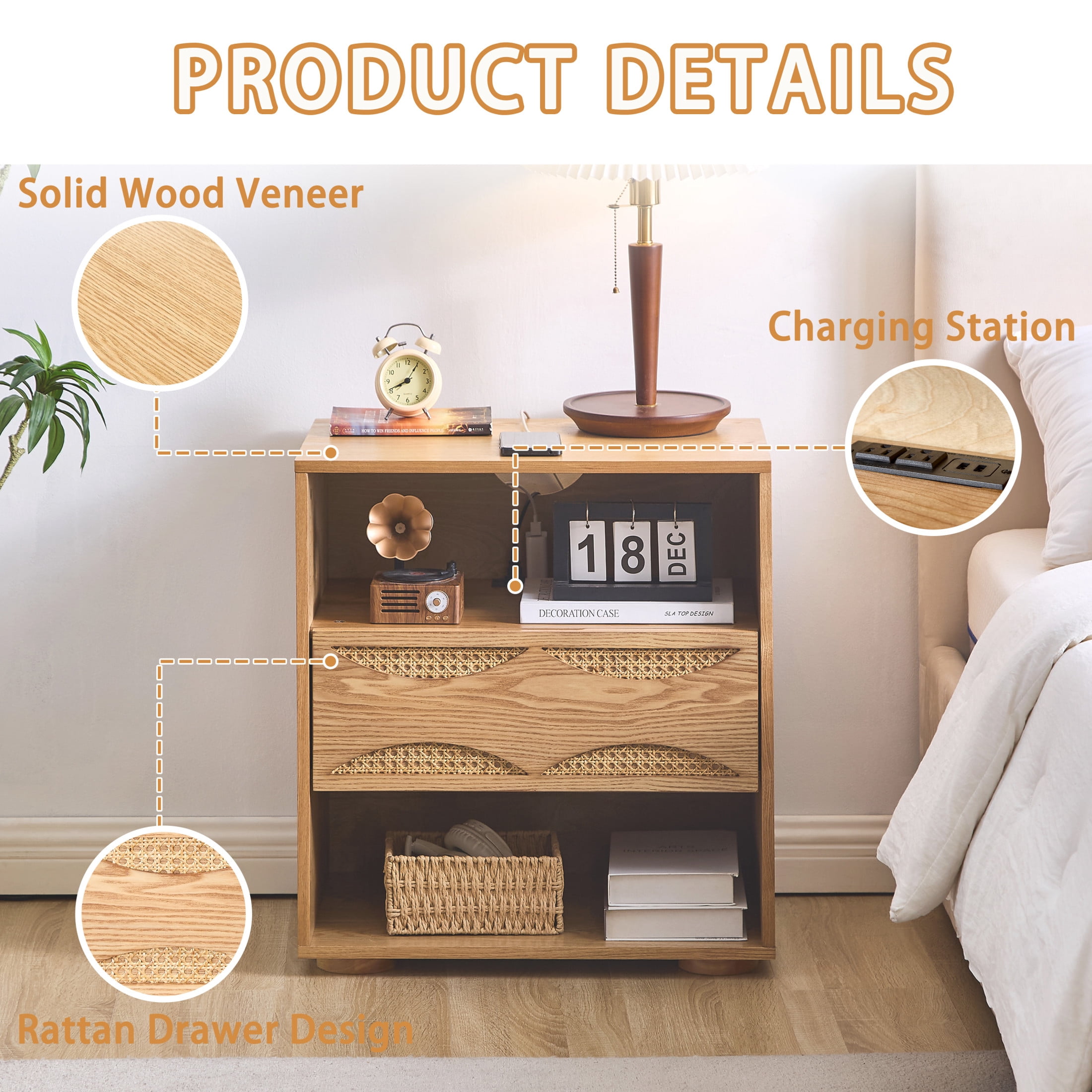GDF Studio 23.2" Mid Century Modern Rattan Nightstand with Charging Station, Drawer & 2 Open Shelves, Natural
