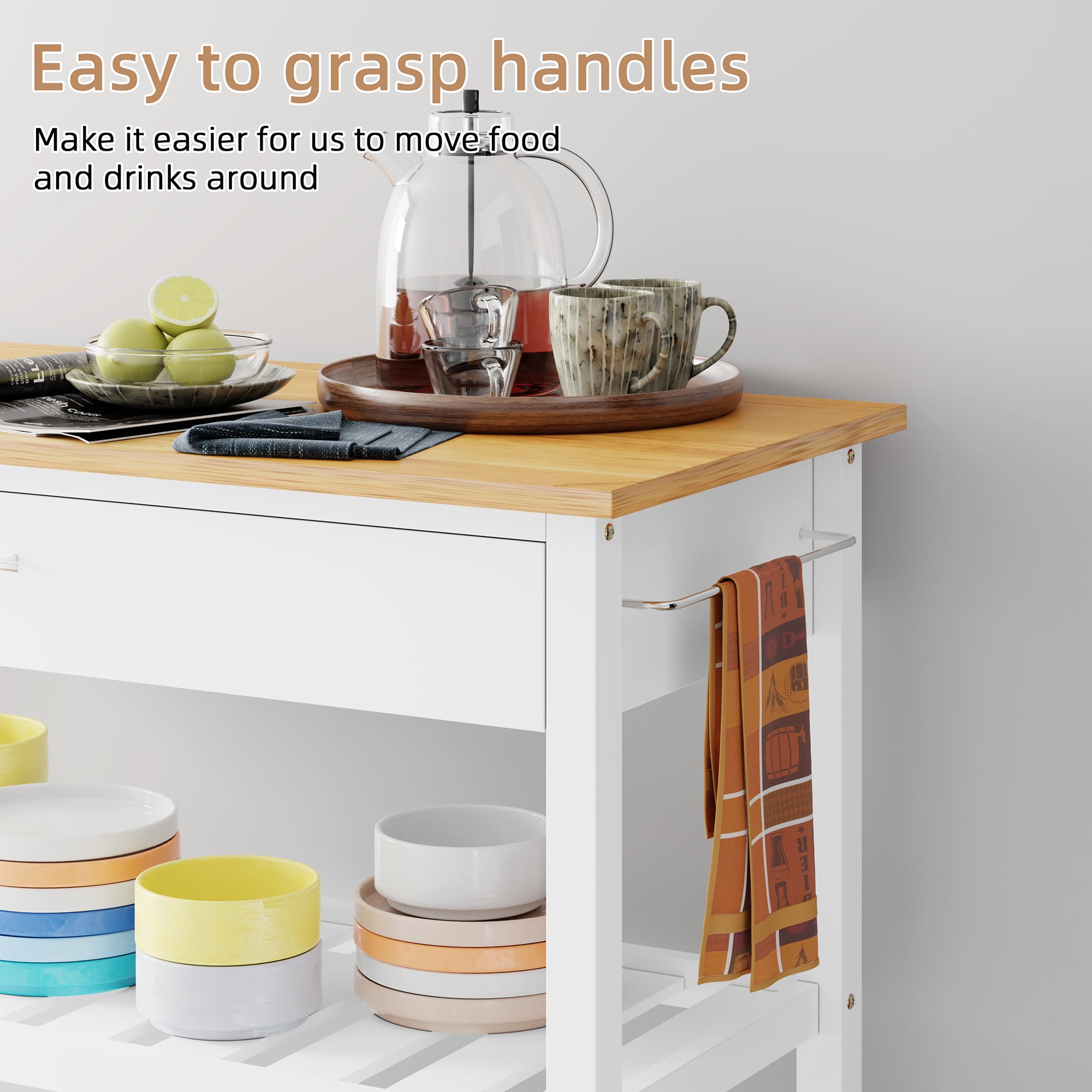 Kitchen Island Cart with Storage,Rolling Kitchen Island Side Table on Wheels with Large Worktop,Storage Cabinet,Towel Rack,Drawers and Open Shelves for Kitchen,Dinning Room,White