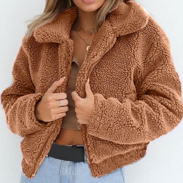 Abrigo informal de manga larga sin capucha para mujer, chaqueta de lana artificial cálida con cremallera, abrigo de invierno