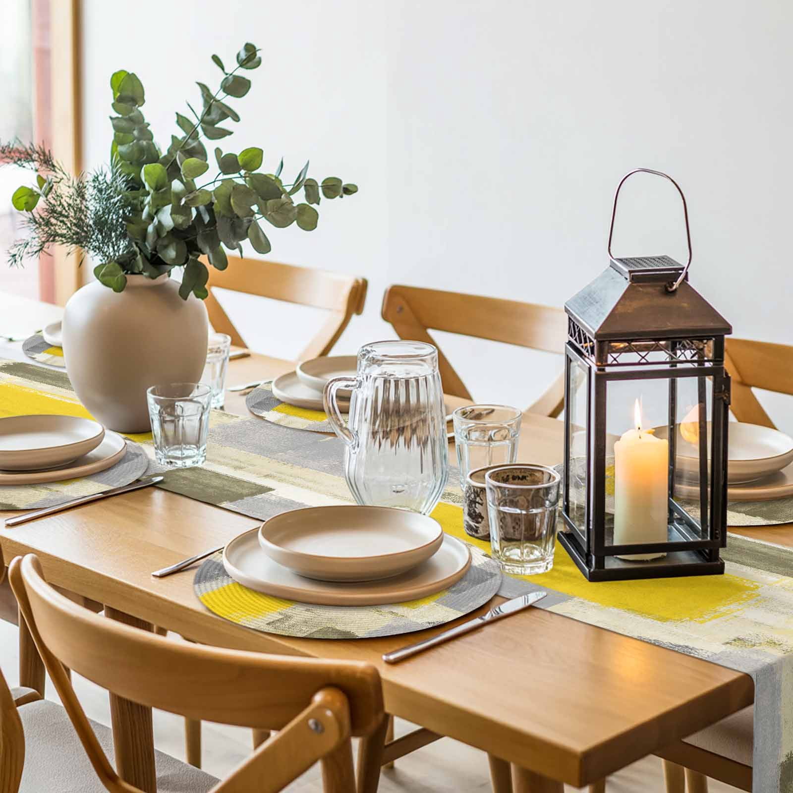Abstract Vintage Round Table Placemats set of 6, Art Oil Painting Texture Washable Woven Place Mats for Dining Tables Kitchen Party Decor,Heat Proof, 13in, Yellow