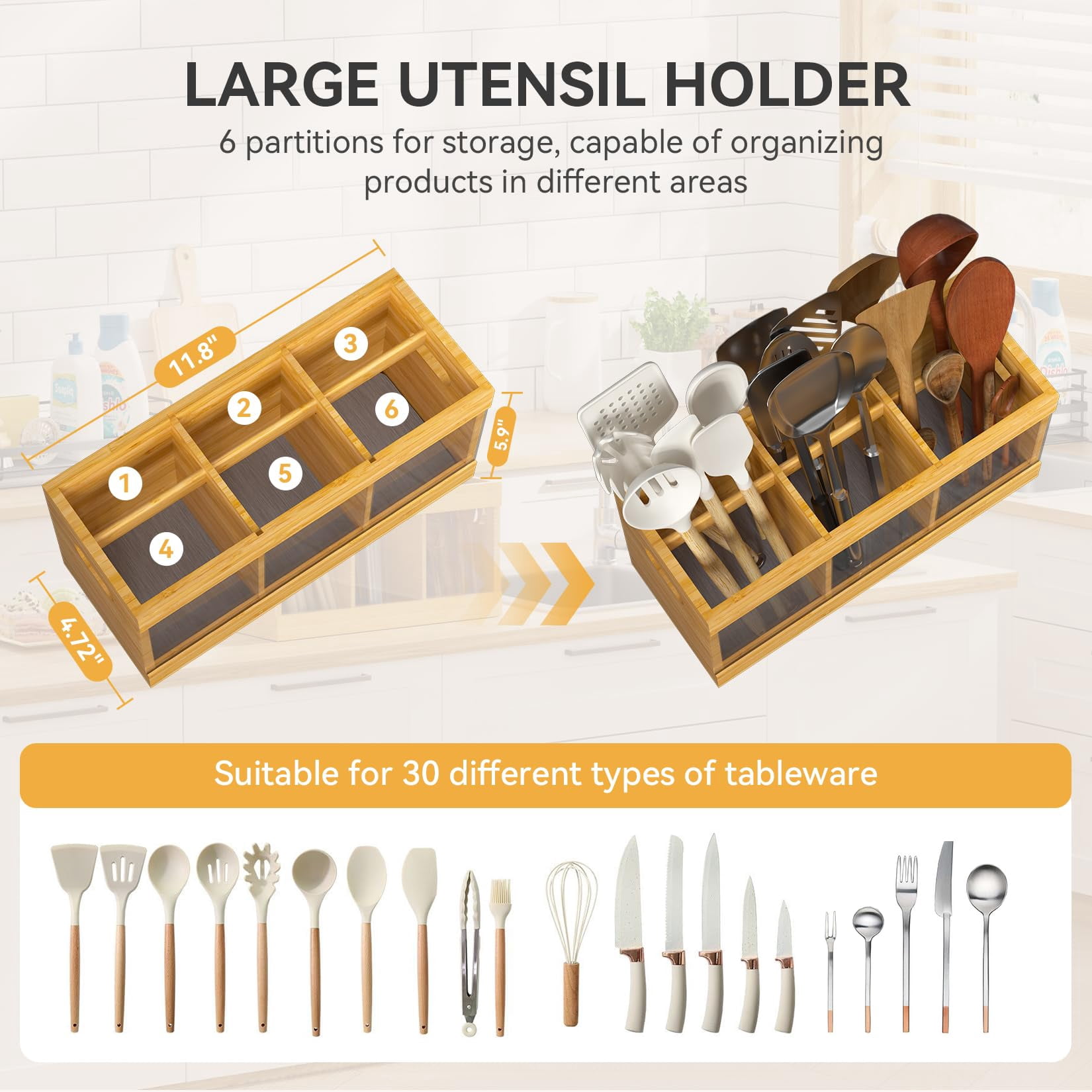 Bamboo Kitchen Utensil Holder with Stone Drying Mat, Large Utensil Caddy with 6 Compartments, Kitchen Utensils Holder for Countertop for Spatula, Tong, Spoon