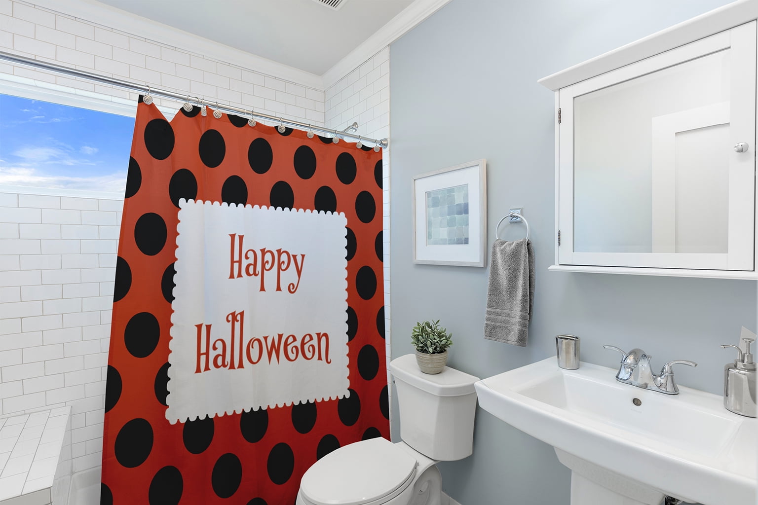 Simply Daisy 70" W x 73" L Halloween Happy Halloween Dots Polyester Shower Curtain, Harvest Orange [1 Ct]