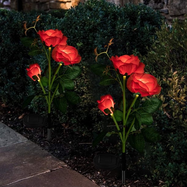 FloreceBien Luces solares de jardín, decoraciones navideñas para patio, luces solares de flores de rosas con 6 flores de rosas, impermeables para jardín, patio, decoración de caminos, paquete de 2