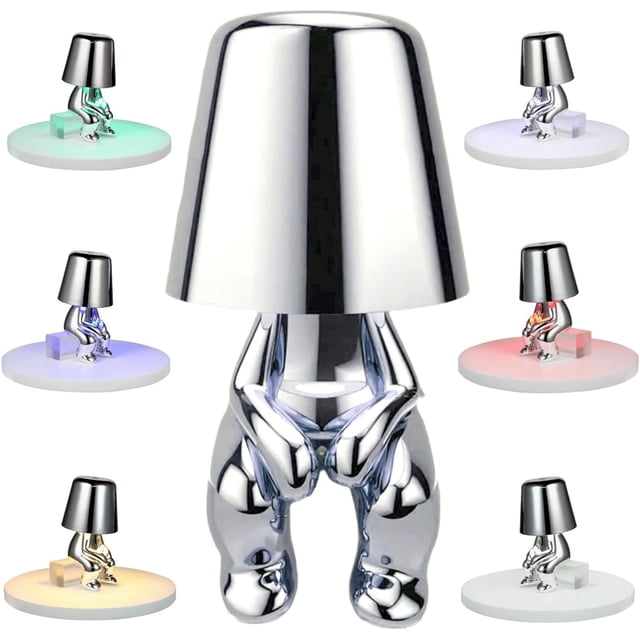 Graflsoa Lampe Statue de Penseur Moderne - Argent avec Lumière à 3 Couleurs, Luminosité Réglable, Rechargeable par USB, Parfaite pour la Déco de la Maison