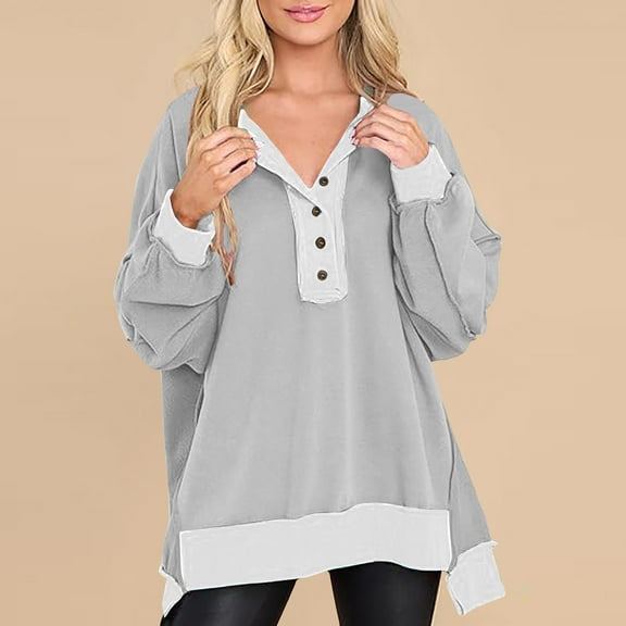 Luxalzxs Fall Sweatshirts for Women Trendy Loose Fit Casual High Low Hem Split Oversized Sweatshirt Long Sleeve Color Block Button Henley Neck Pullover Tunic Tops Outfits