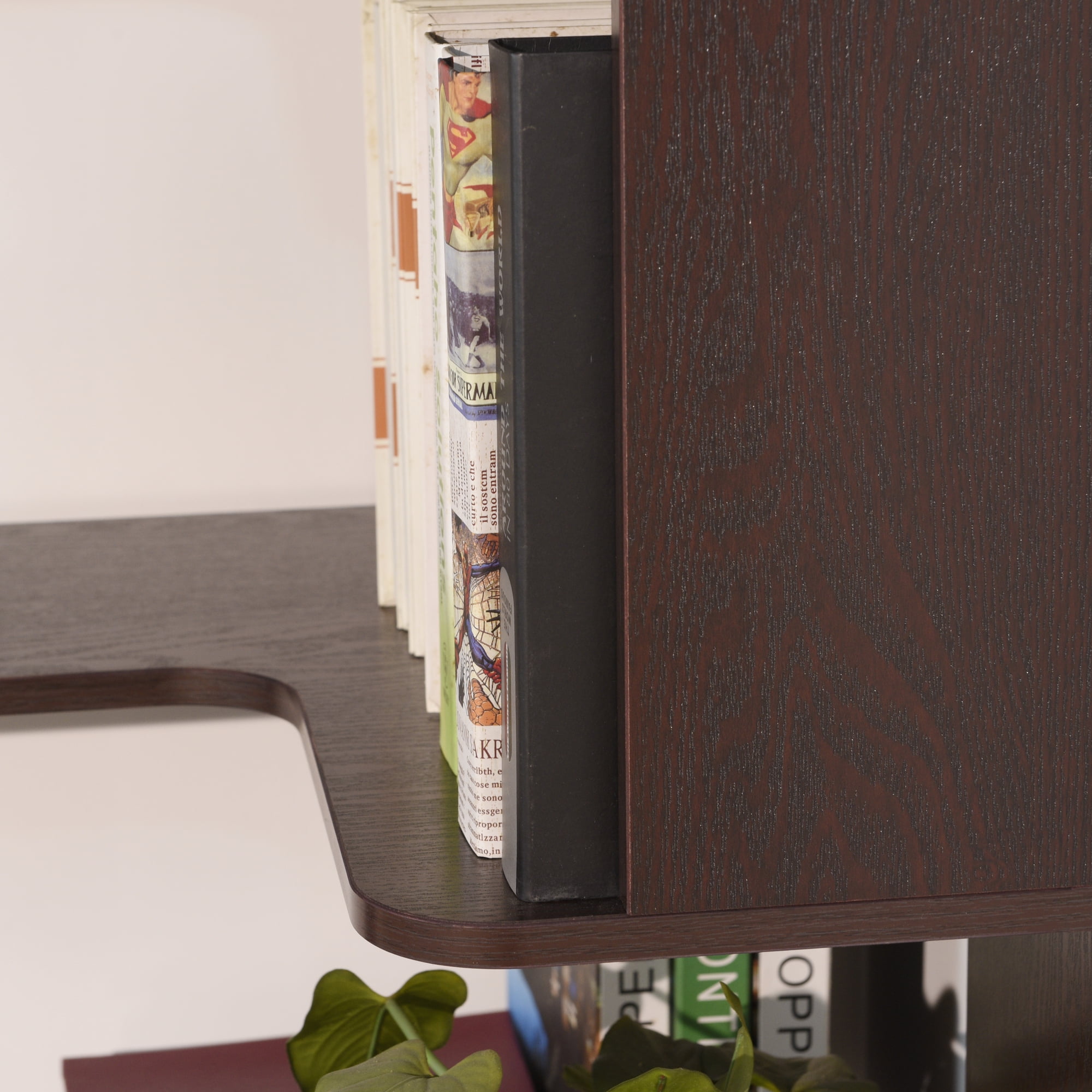 Leumius 5 Tier Freestanding Bookshelf,Wooden L-Shaped Corner Bookcase with Anti-drop Panel and Anti Tipping Device, Display shelf Open Storage,Ox Blood Red