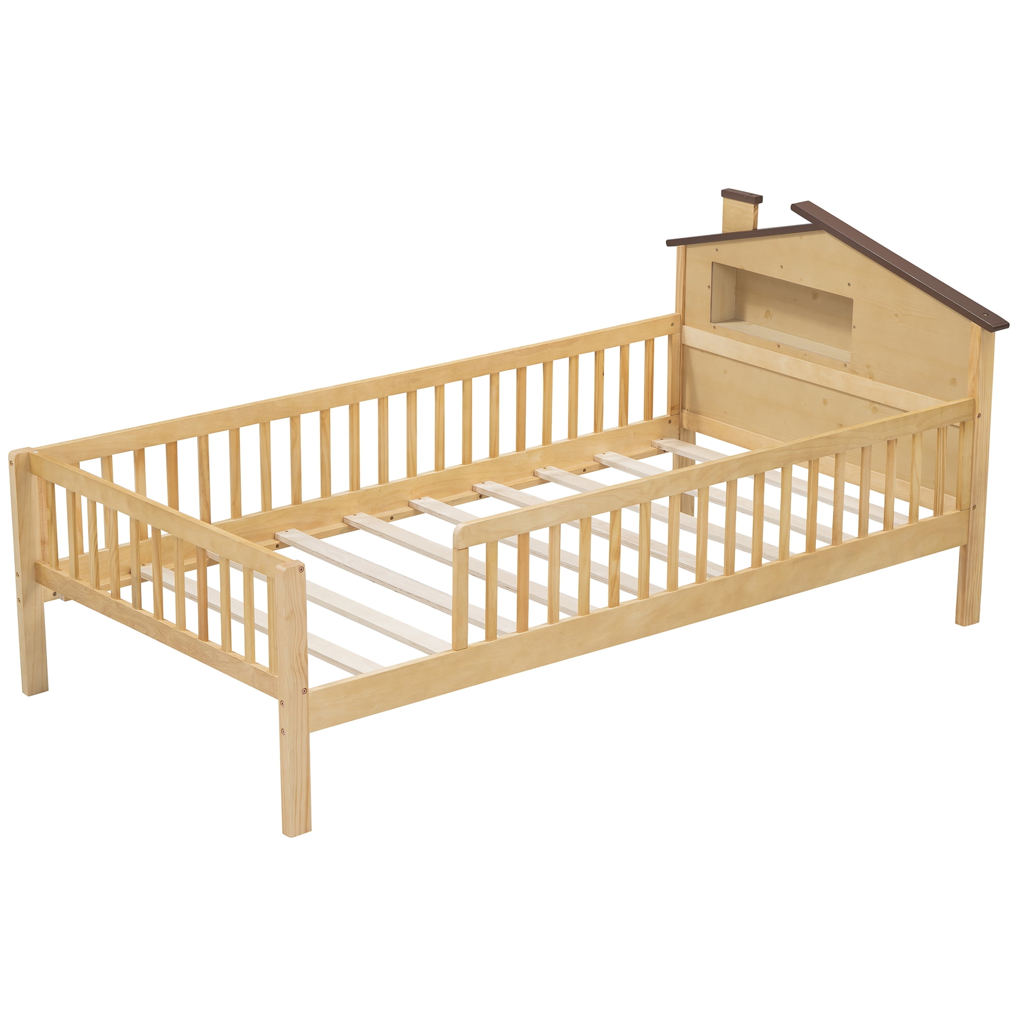 EUROCO Wood Twin Size Platform Bed Frame with House Like Roof and LED Light, Natural