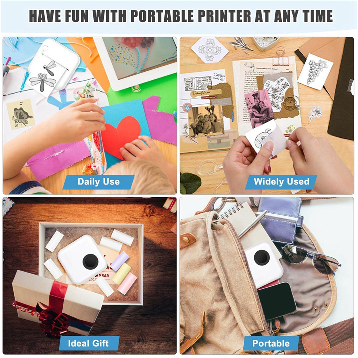 Mini Sticker Printer Bluetooth Thermal Printer with 10 Rolls and Stickers for Picture, Receipt, Notes, Black