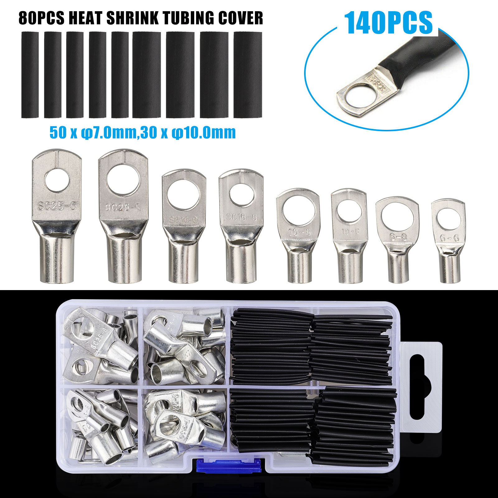 Battery Cable Ends RockDIG Heavy Duty Copper Wire Lugs Black, Red Bare