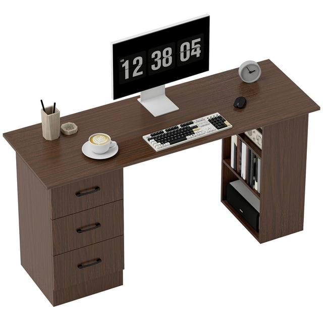 HOMCOM Computer Desk with 3-Tier Storage Shelves, Home Office Desk, Walnut