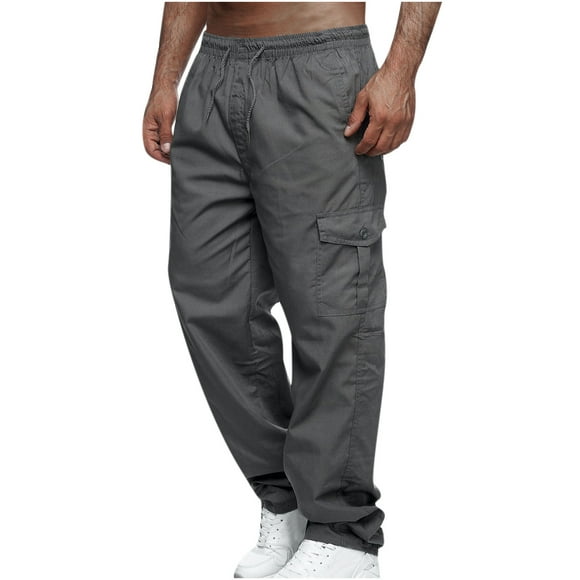 JURANMO Men's Cotton Cargo Pants,2024 Men Solid Color Casual Multiple Pockets Tether Closure Outdoor Straight Type Fitness Pants Lightweight Cargo Pants Drawstring Trousers