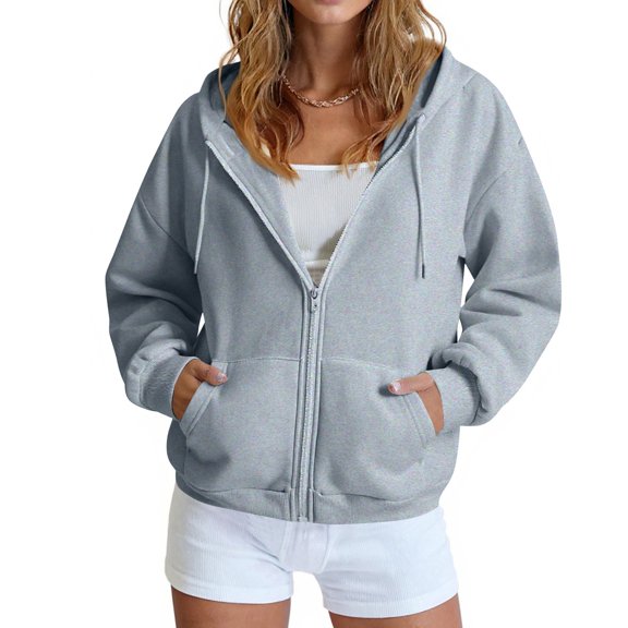 Textilo Zip Up Hoodies for Women Long Sleeve Drawstring Hooded Sweatshirt with Pockets Drop Shoulder Solid Color Jacket Lightweight Cute Loose Comfy Y2k 2026 Pullover Top,Gray 2XL
