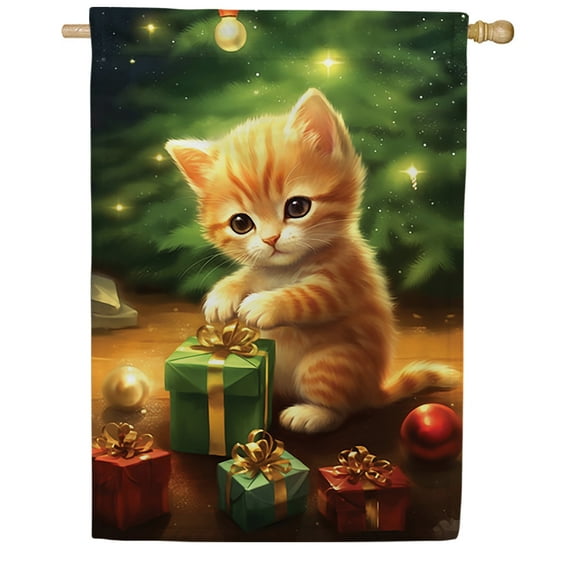 America Forever Kitten Christmas House Flag, 28 x 40 inch Double Sided, Purrfect Present Banner, Cat Holiday Tree Outdoor Decor, Festive Outside Decorations Yard Flag