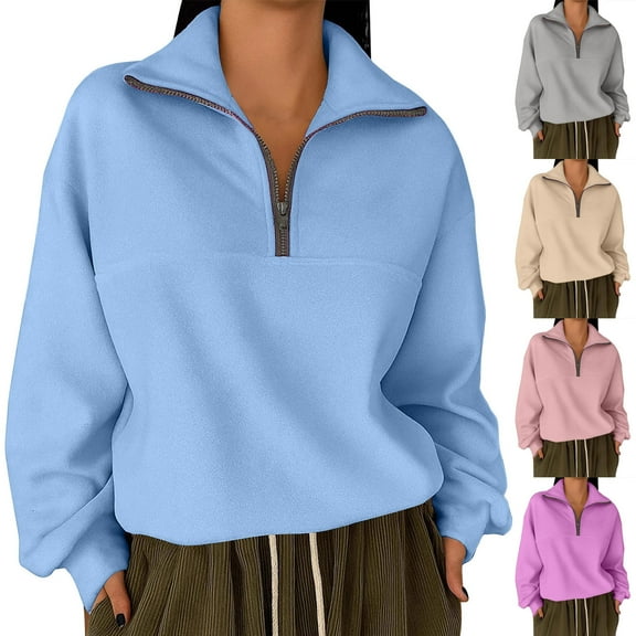 XPMWRP Womens Sweatshirts Half Zip Cropped Fashionable Casual Pullover Fleece Fall Turtleneck Outfits Clothes Hot Pink S