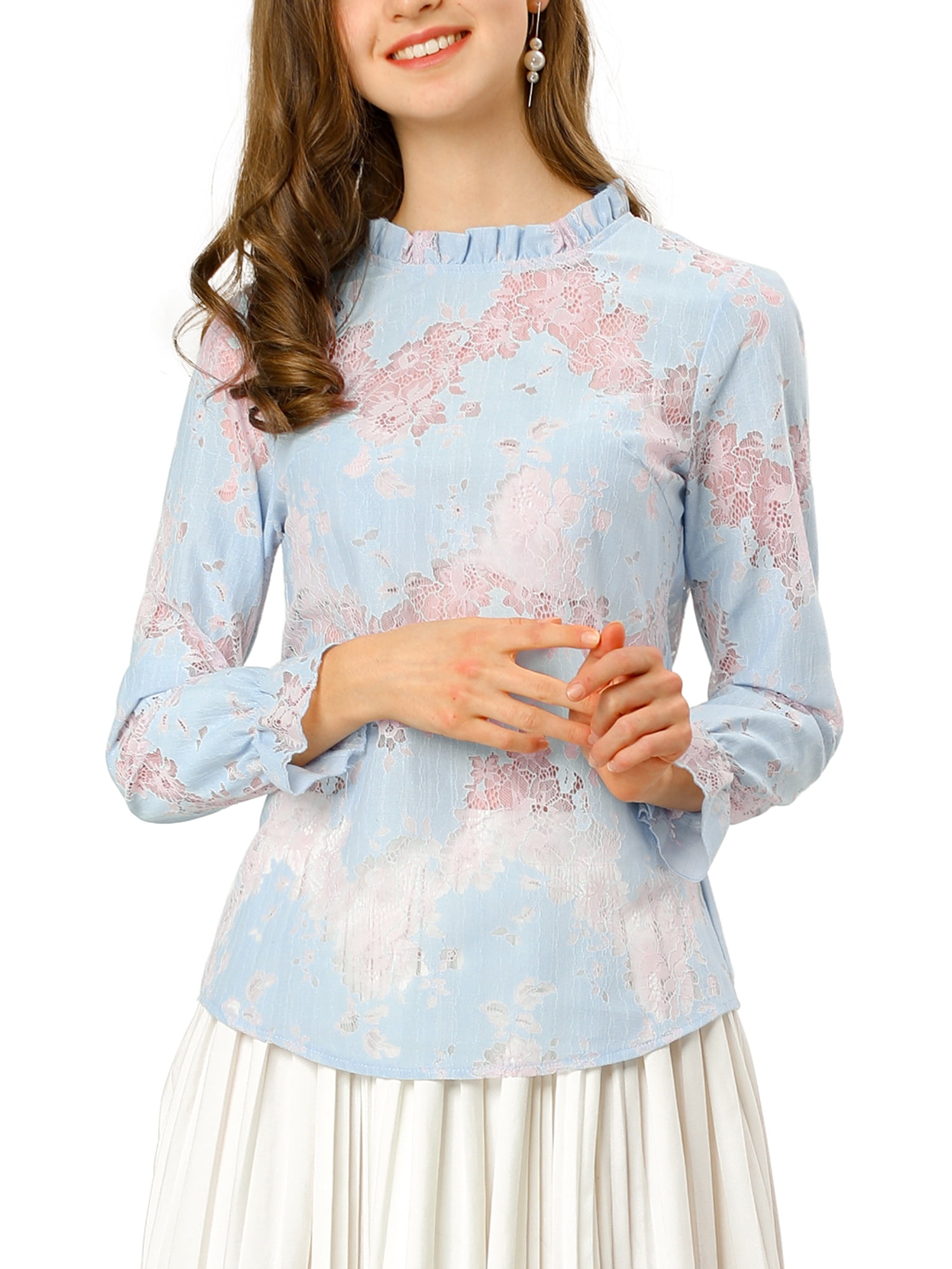 Unique Bargains Women's Floral Chroect Lace See Through Color Block Blouse