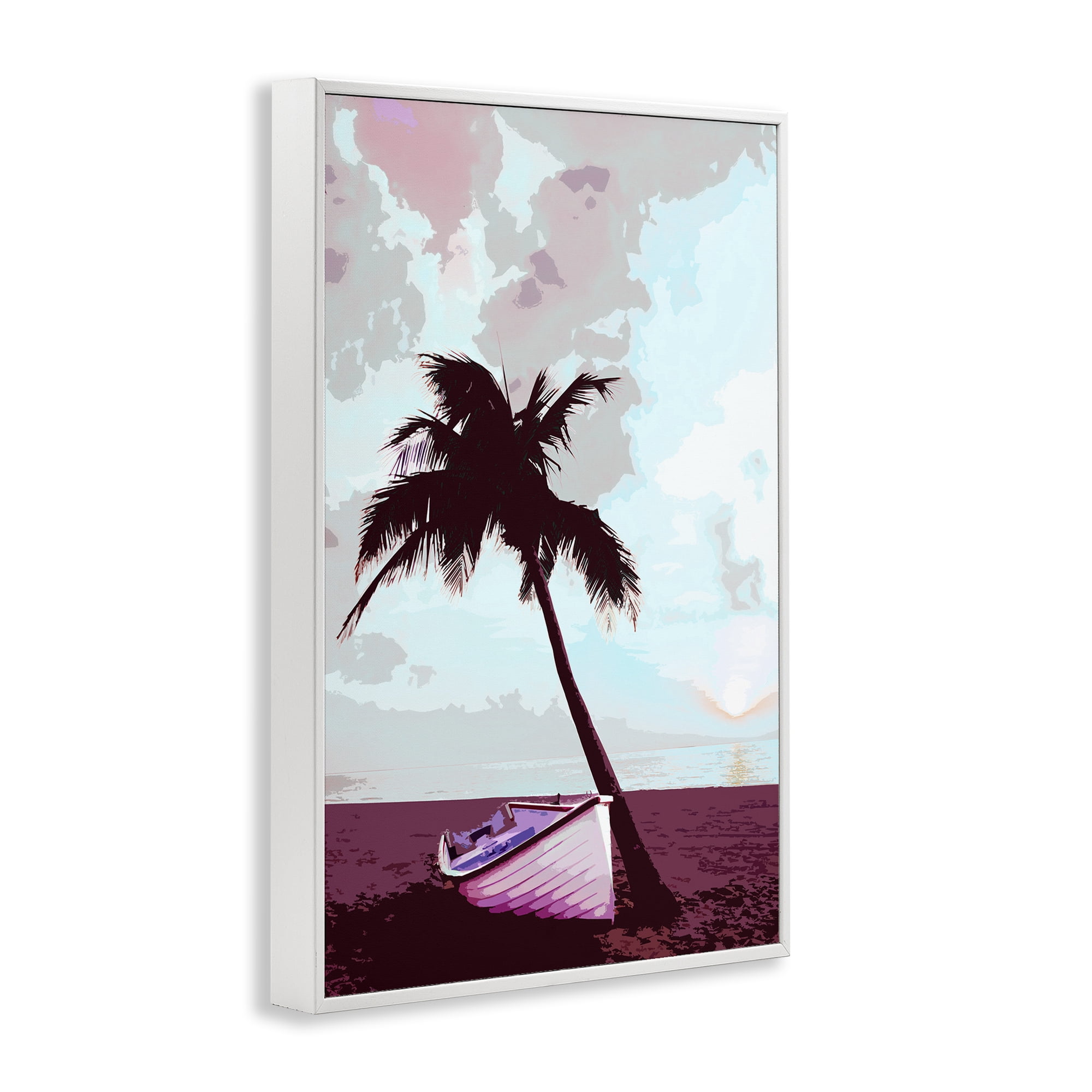 Stupell Industries Boat & Palm Tree Landscape Painting White Framed Art Print Wall Art, 16 x 24