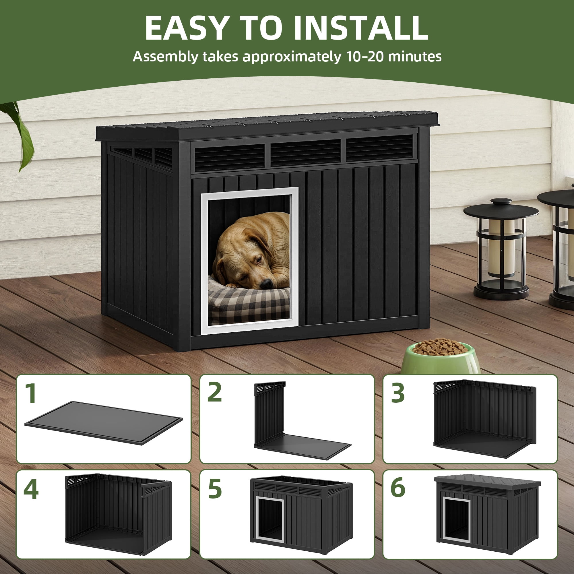 Uforic 32" Plastic Dog House, Outdoor Indoor Dog Kennel with Liftable Roof & Good Ventilation for Medium Dogs,Black
