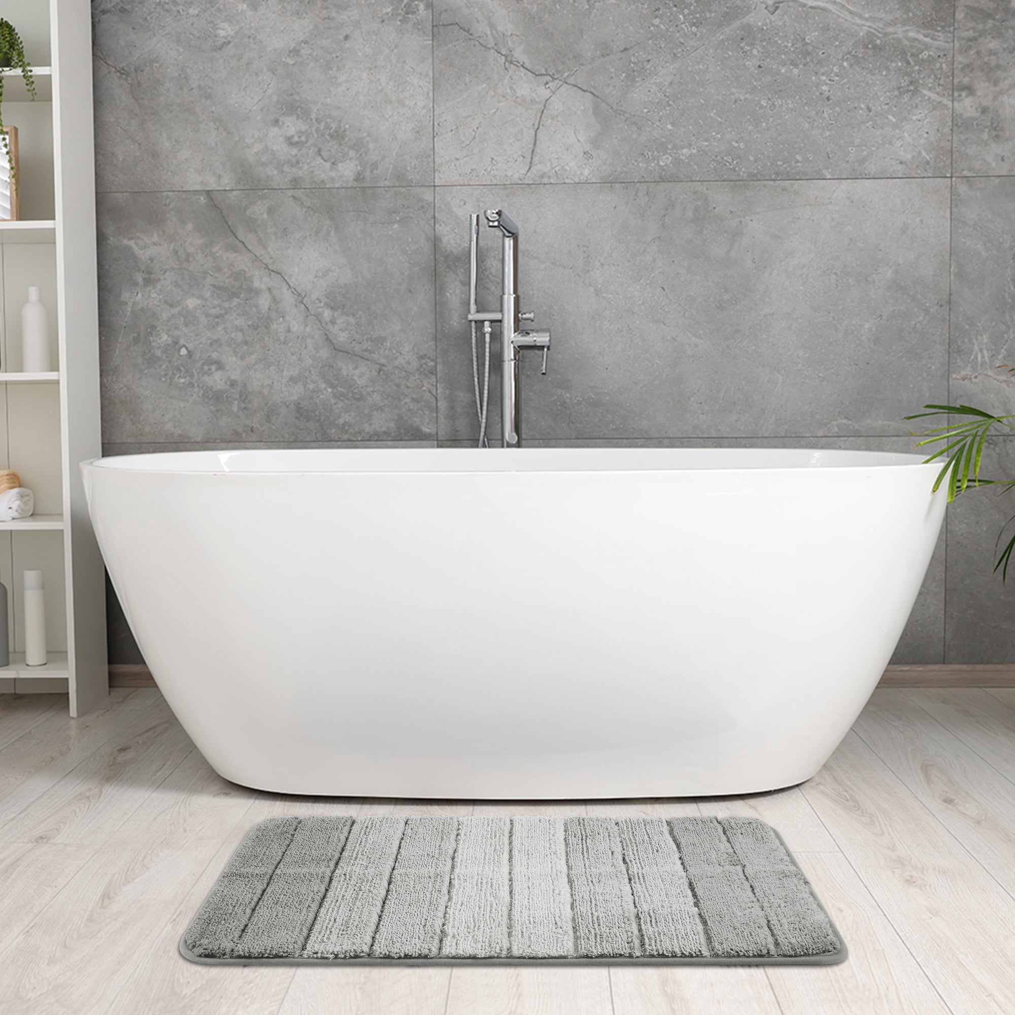 Unique Bargains 2 Pcs Plush Gradient Striped Bath Mats Microfiber Shaggy Rugs Grey 16" x 24"/20" x 32"