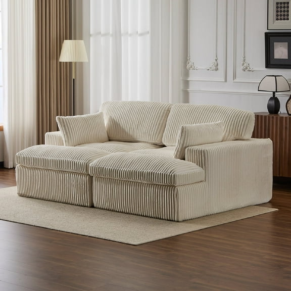 Double Chaise Lounge Chair Indoor, Oversized Upholstered Sleeper Cloud Couch, Deep Seat Luxury Sofa Bed, Sectional Sofa Chaise Love-seat, Corduroy Reading Chair for Living Room, Apartment, White