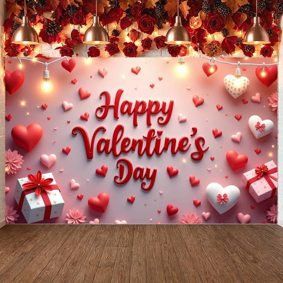 Red Themed Happy Valentine's Day Banner Heart Pattern Valentine's Backdrop Pink Tone Festive Design Love Themed Background for Valentine's Day Party Romantic Date Indoor Decoration