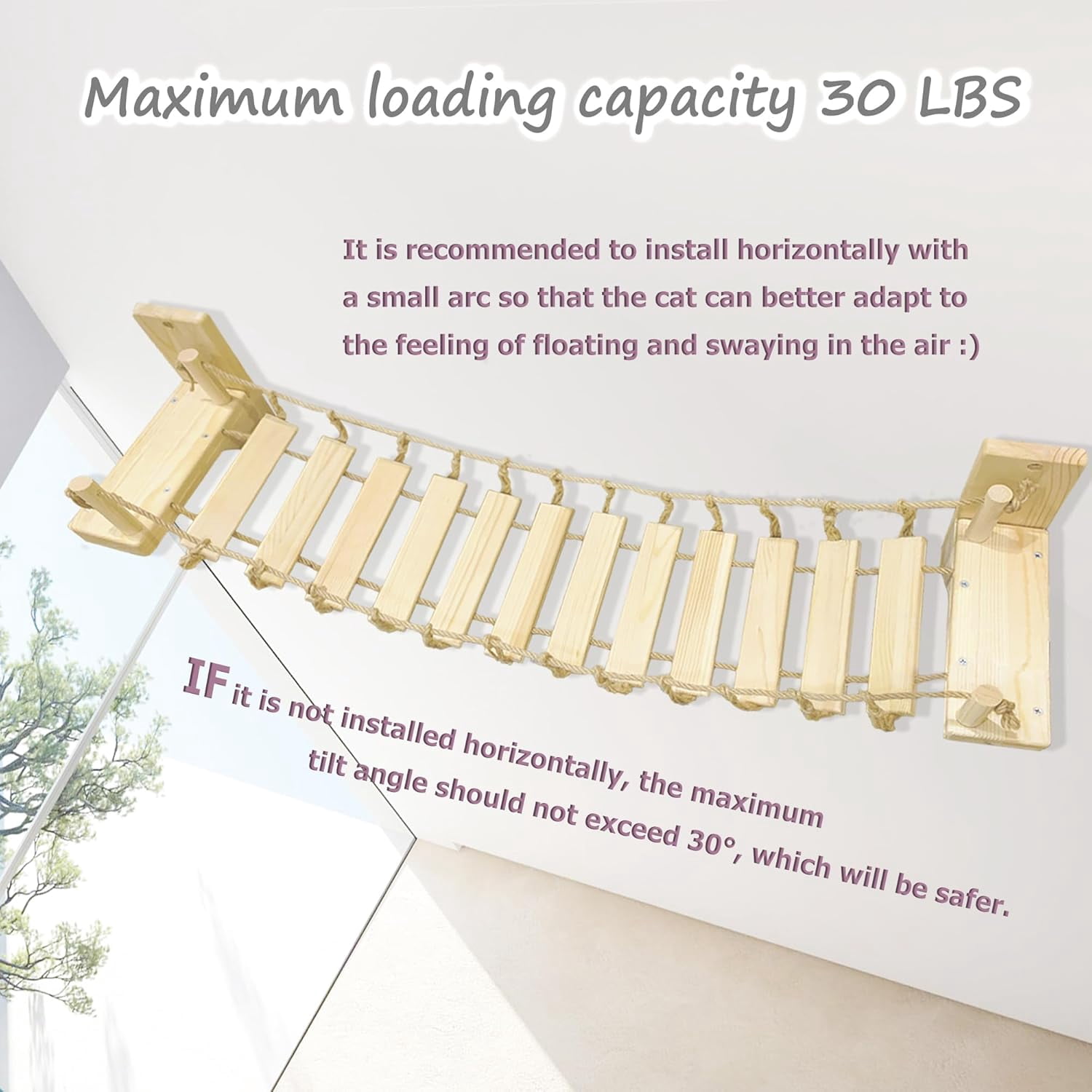 Wall Shelves Climbing Bridge for Indoor Cats, 55 Inch Wooden Perch with Sisal Rope, Space Saving Wall Mounted Furniture