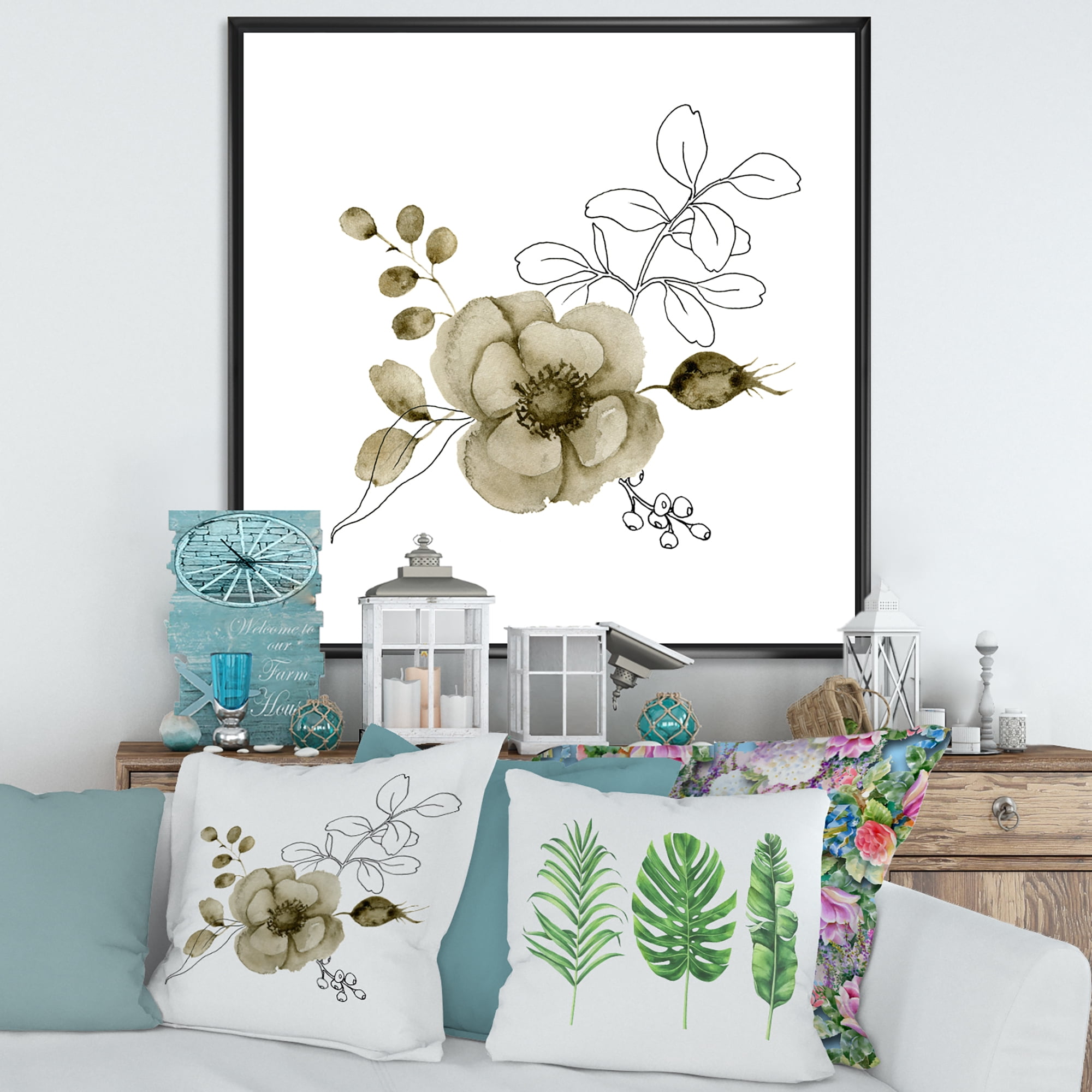 Designart 'Eucalyptus Branches With Anemone Bouquet Flower II' Traditional Framed Canvas Wall Art Print