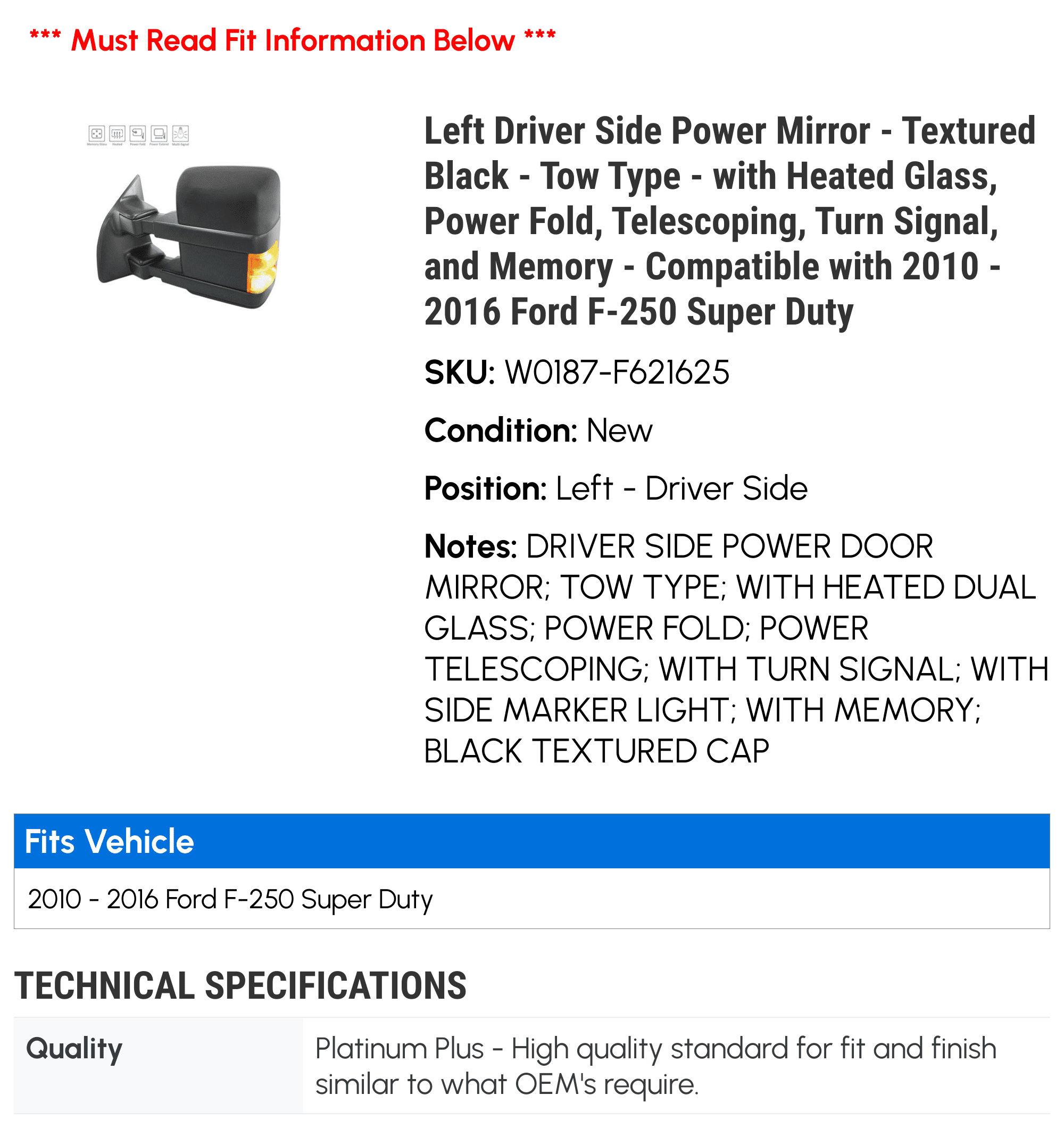 Left Driver Side Power Mirror - Textured Black - Tow Type - with Heated Glass, Power Fold, Telescoping, Turn Signal, and Memory - Compatible with 2010 - 2016 Ford F-250 Super Duty 2011 2012 2013