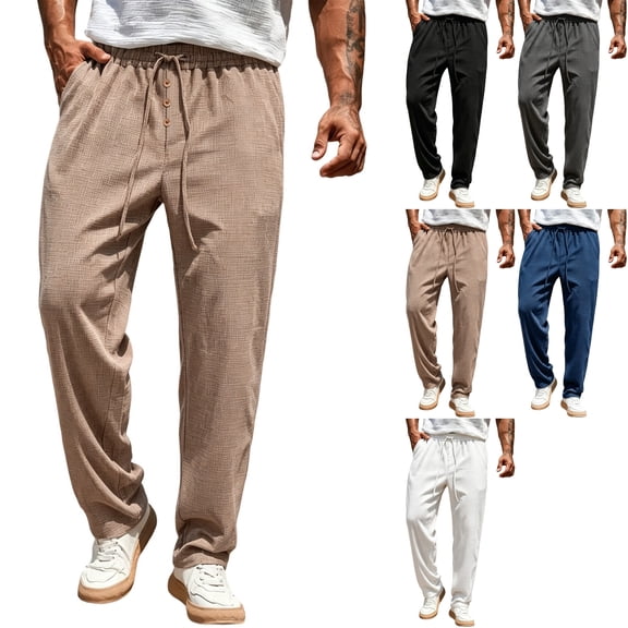 Men's Waffle Knit Casual Pants Fashion Loose Fit Straight Leg Button Closure Drawstring Elastic Waist for Travel Daily Wear Fall, Khaki, XL