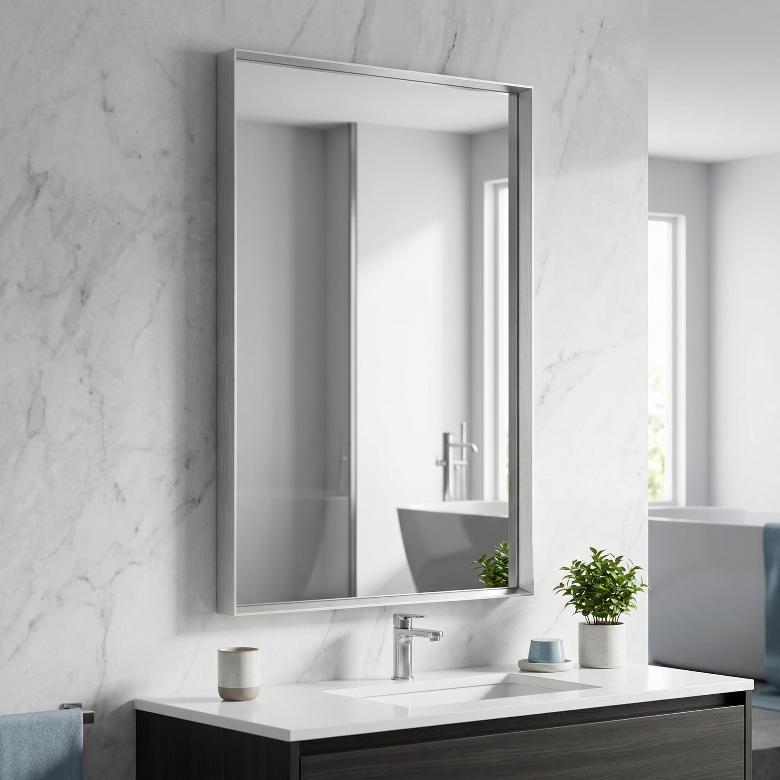 Gleamira 32"x48" Rectangular Bathroom Mirror Wall Vanity Mirror with Deep Frame, Silver