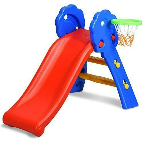 SRJUYK Freestanding Toddler Slide with Basketball Hoop, Foldable Indoor Playground Climber Slide, Easy Setup Plastic Slide Set for Kids