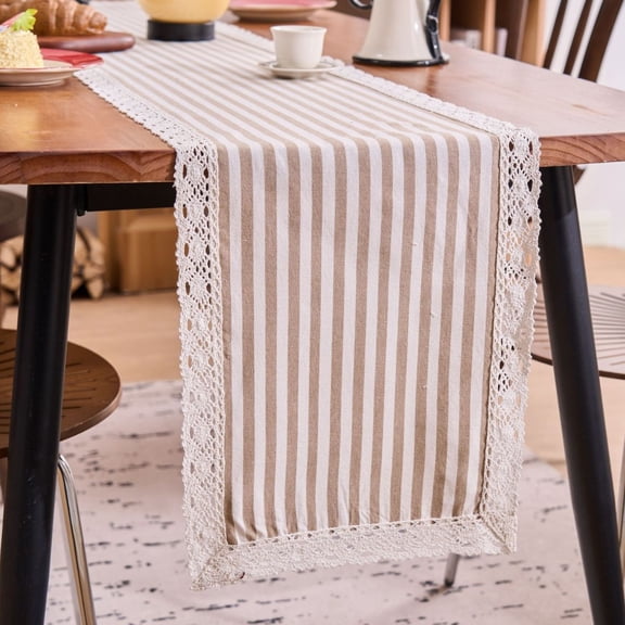 suxuMhao Table Runner, White & Khaki Vertical Striped Lace Edge Dining Table Runner, Cottage Farmhouse Decorative Runners for Tables, 13×94 In, 1 pc Table Linen for Daily Meals & Tabletop Decor