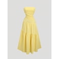 thumbnail image 3 of Women's Yellow Solid Ruched Strapless Simple Fashion Casual Holiday Beach Date Swing A-Line Dress Spring Summer, 3 of 6