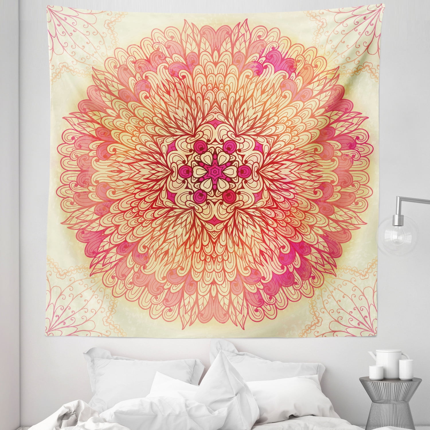 Mandala Tapestry Fantasy Flower Lively Colors Cosmos Balance Traditional Print Fabric Wall Hanging Decor For Bedroom Living Room Dorm 5 Sizes Yellow Coral Pink By Ambesonne Walmart Com