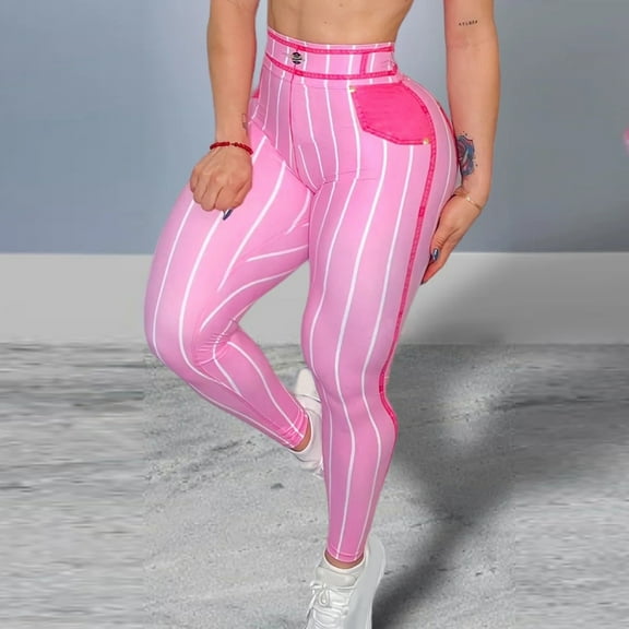 CQONEPT Women's Oversize Yoga Pants High Waist Tummy Control Pants Skinny Stripe Workouts Active Pant with Pockets Pink XL
