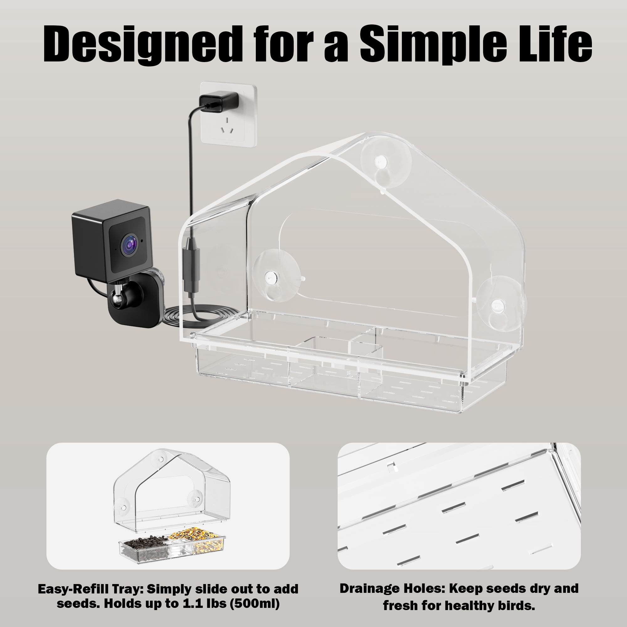 Coolfly x Freeseason Smart Window Bird Feeder with 2K HD Camera, Suction Cup Mount for Apartments, Anti-Glare Video with AI Species ID & No Monthly Fees - Charming House Shape