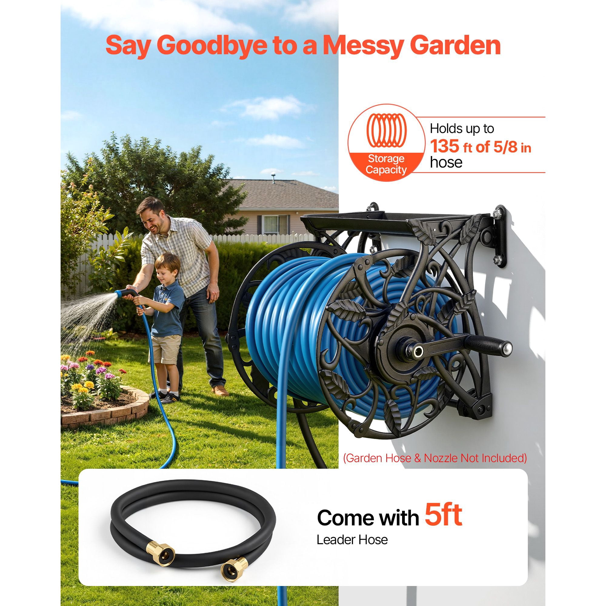 Wall Mount Garden Hose Reel 135ft 5/8 Inch Heavy  Aluminum Water Hose Holder with Storage Tray Decorative Outdoor Backyard