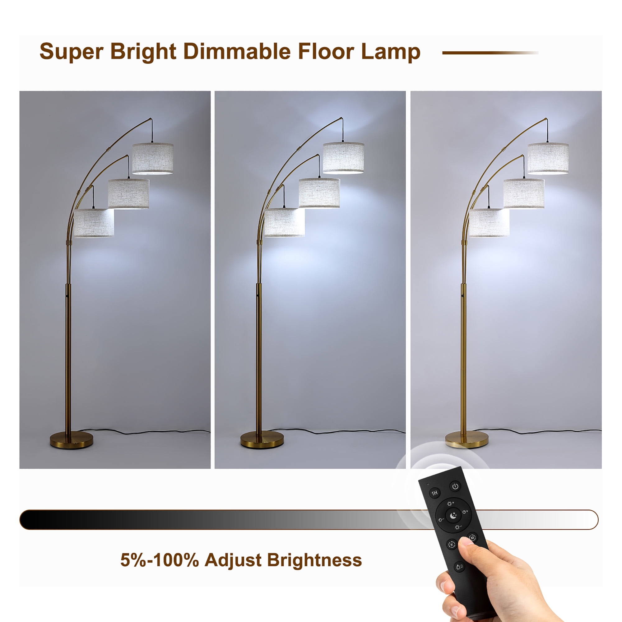 80 Inch 3 Lights Arc Floor Lamps, Dimmable Floor Lamps for Living Room, 3 Color Temperature, Modern Tall Standing Lamp with Remote Control, Tree Floor Lamp for Bedroom Office