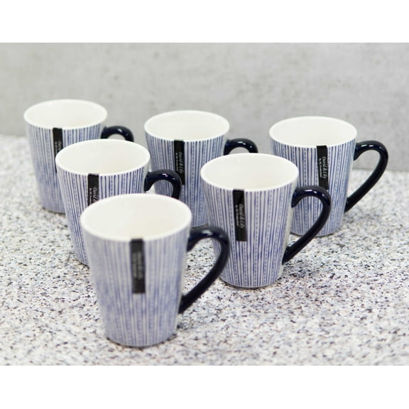 Set of 6 Eleanor Blue And White Linear Patterns Contemporary Porcelain Mugs 10oz
