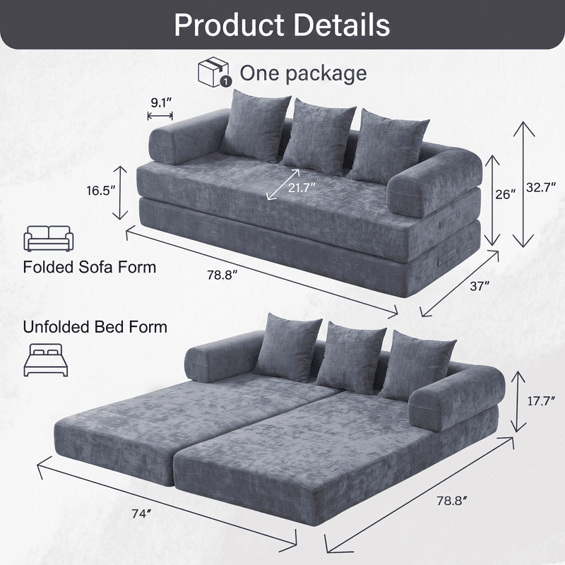 Gewnee 79 Boneless Sofa, Convertible Sofa Bed, Futon Floor Sleeper Sofa Bed with Pillows for Living Room Bedroom, No Assembly Required, Chenille, Blue