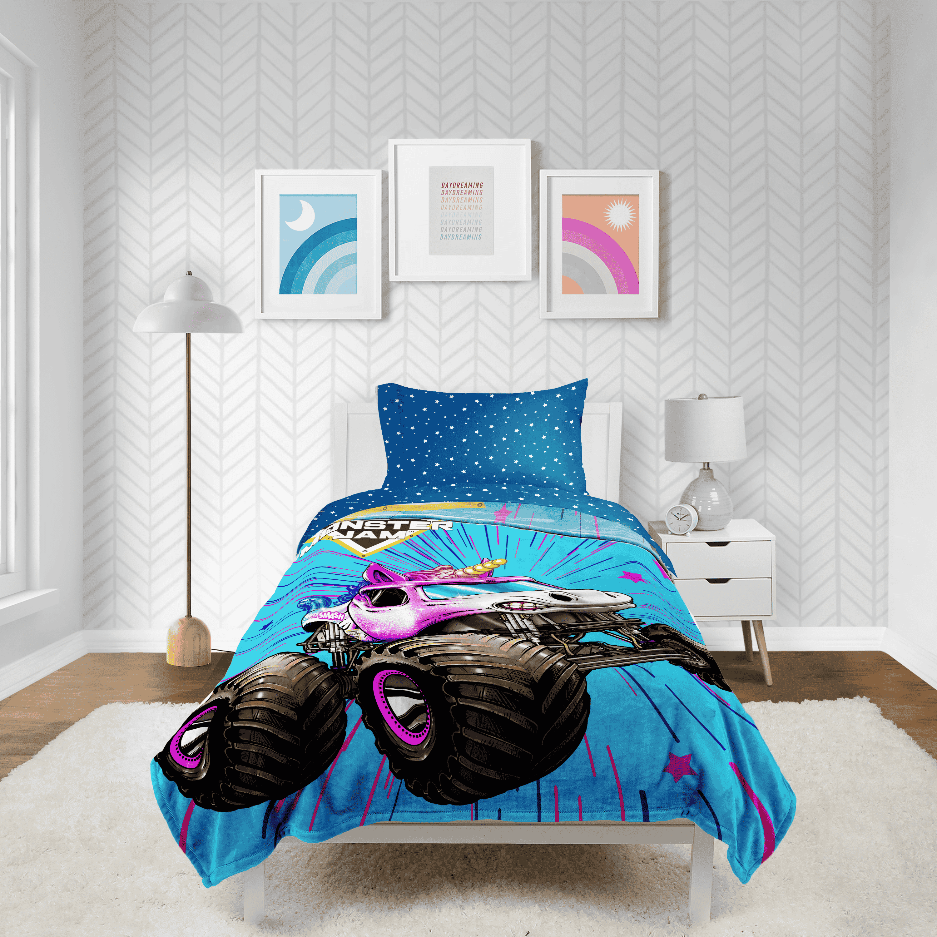 Monster Jam Sparkle Smash 62" x 90" Silk Touch Blanket, Polyester, Pink & Blue, Feld Entertainment